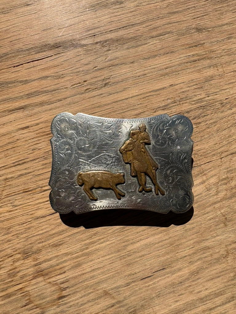 HL Brand Tooled Cutter Small Bronze & Silver Belt Buckle