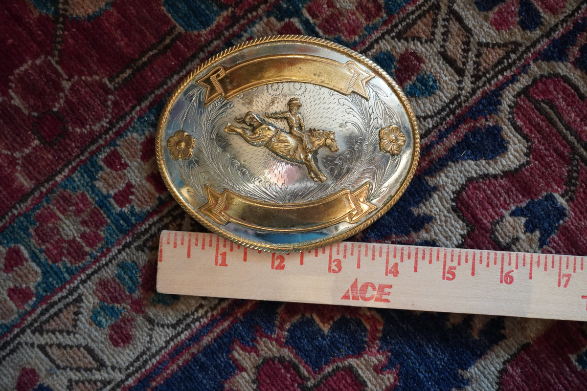 Large Bronc Rider w/Flowers and Ribbon Frame Belt Buckle