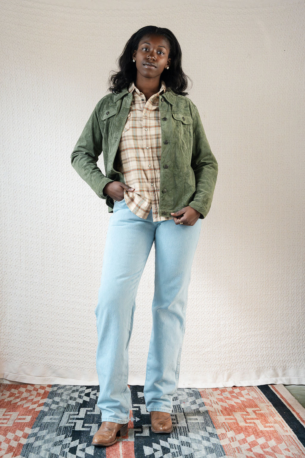 Ralph Lauren Blue Label Cream Plaid Western Pearl Snap