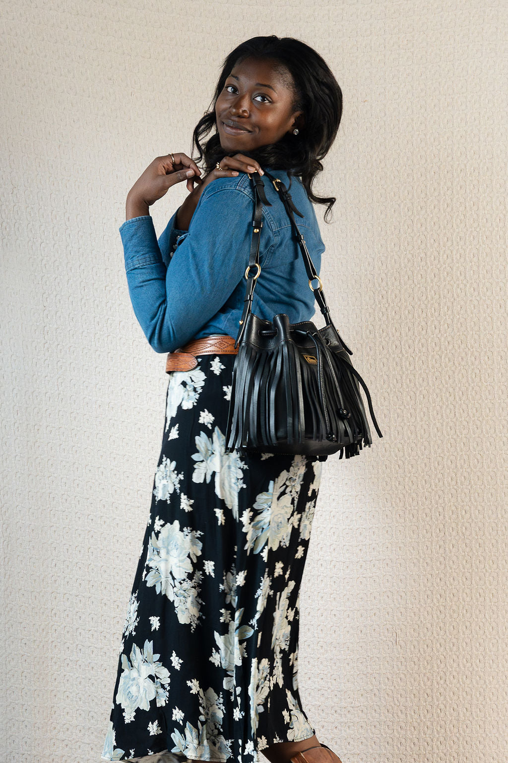 Dooney & Bourke Black Fringe Drawstring Bag