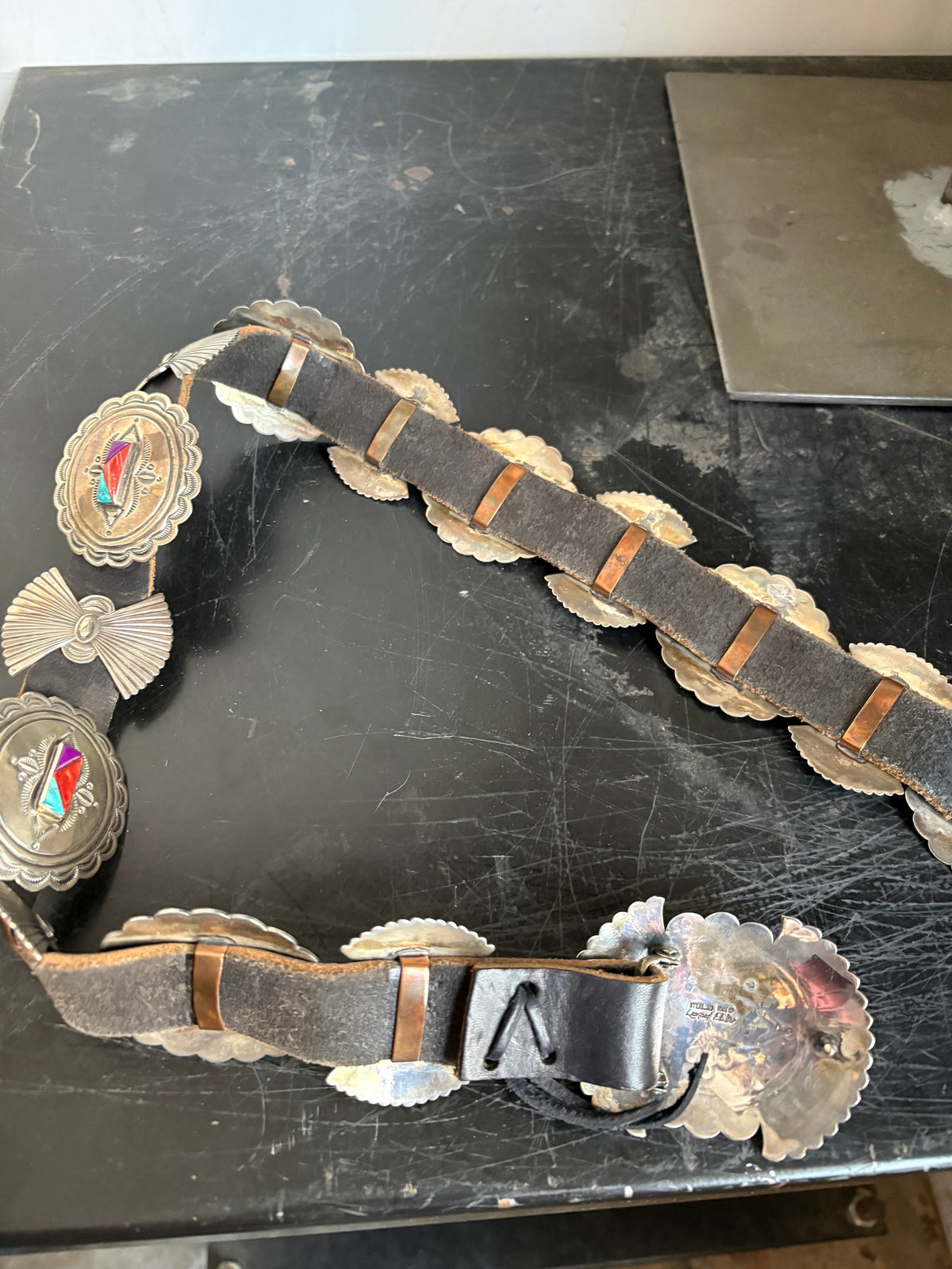 Native Made Natural Stone Trio Hand Stamped Sterling Silver Bow & Concho Belt