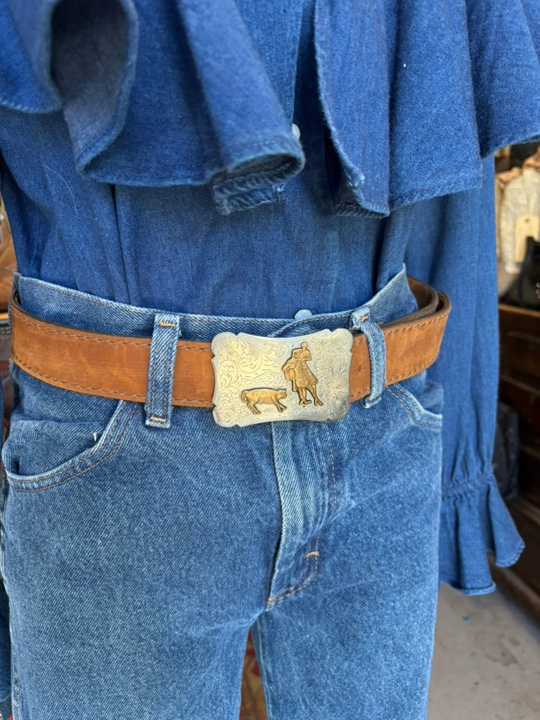 HL Brand Tooled Cutter Small Bronze & Silver Belt Buckle