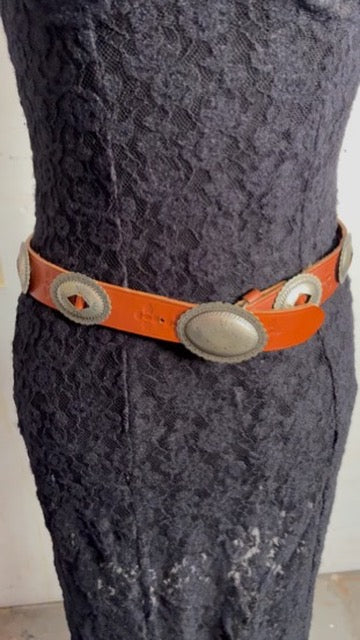 Stamped Pewter Conchos on Belt Strap