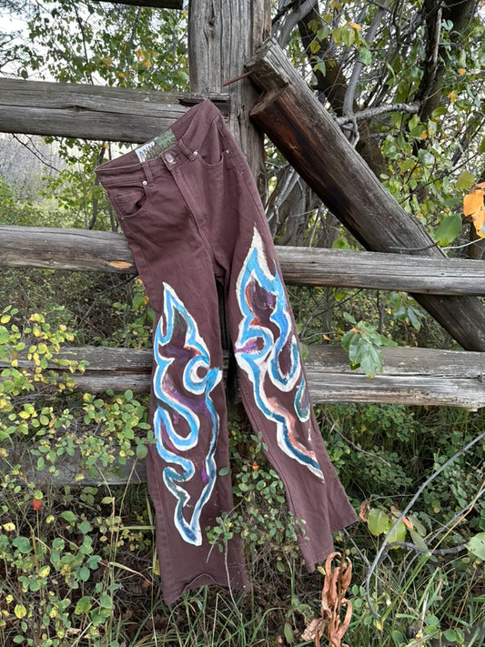 Anna Douglas Smith Handpainted Wide Leg Flare Maroon Pants