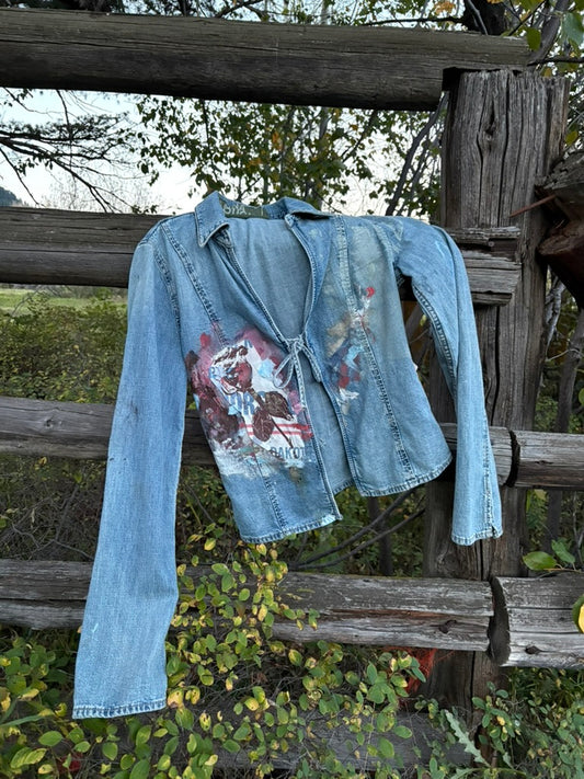 Anna Douglas Smith Handpainted Denim Tie Front Top