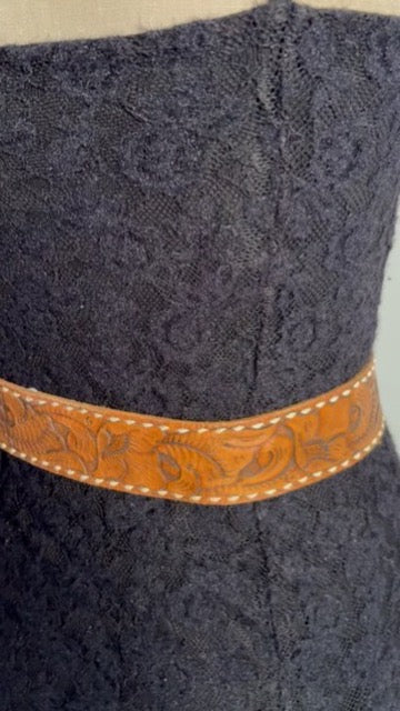Hand Tooled Floral Belt Strap with White Edge Stitch Detail