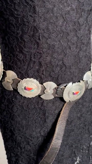 Native Made Natural Stone Trio Hand Stamped Sterling Silver Bow & Concho Belt