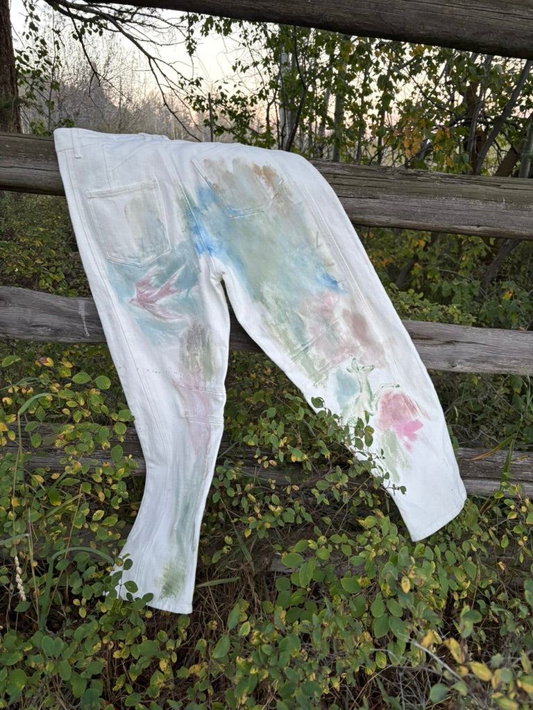 Anna Douglas Smith Handpainted White Denim Barrel Pants