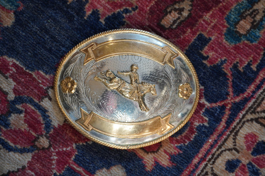 Large Bronc Rider w/Flowers and Ribbon Frame Belt Buckle