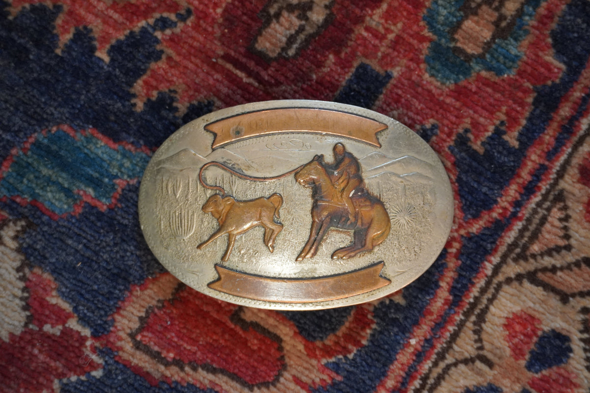 Small Comstock Roper with Desert Landscape Background Belt Buckle