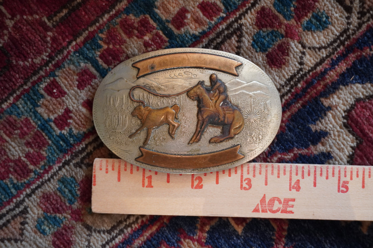 Small Comstock Roper with Desert Landscape Background Belt Buckle