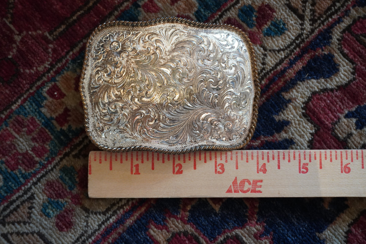 Montana Silversmiths Tooled Silverplate Belt Buckle w/Bronze Trim