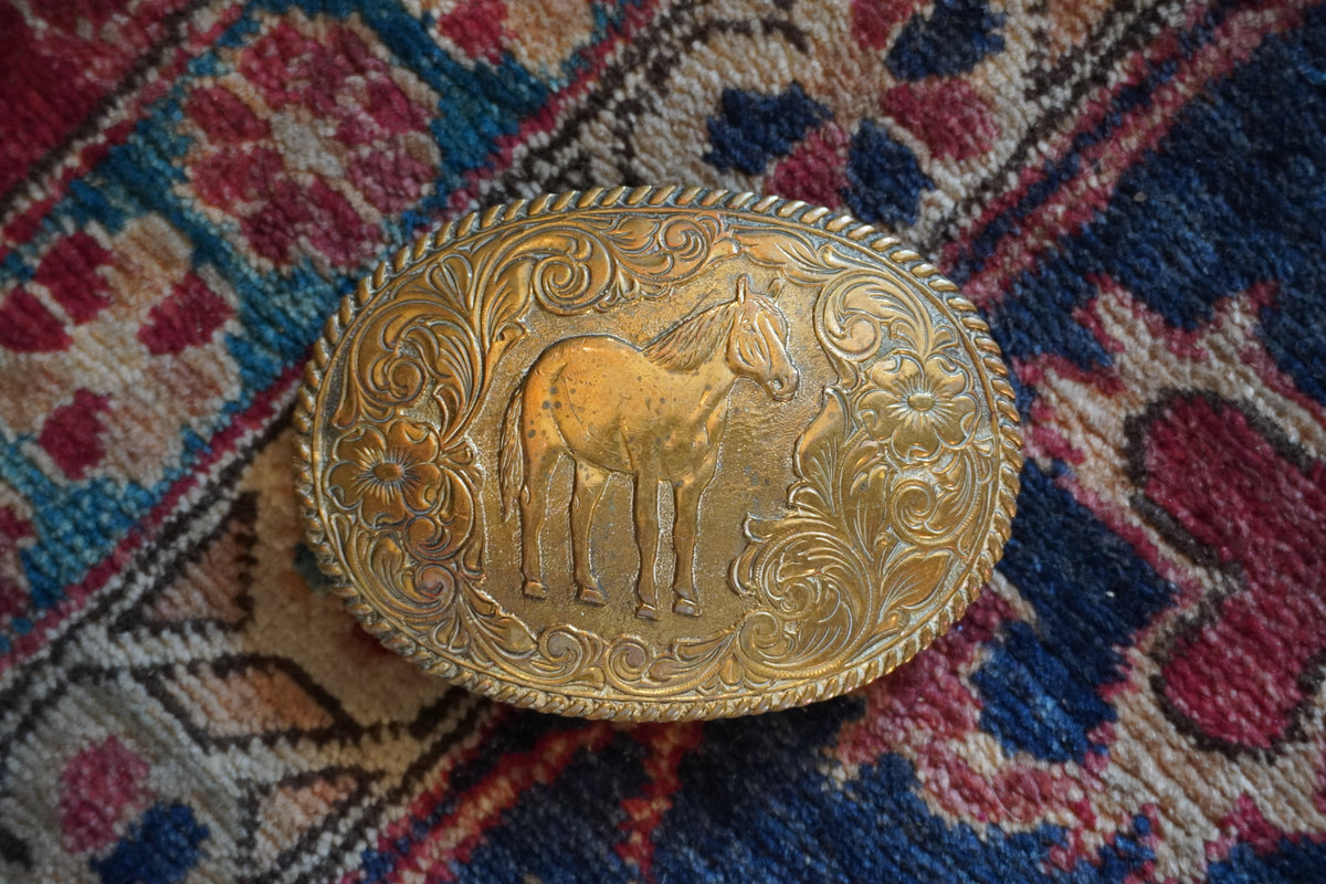 Crumbrine Horse w/Floral Background Belt Buckle