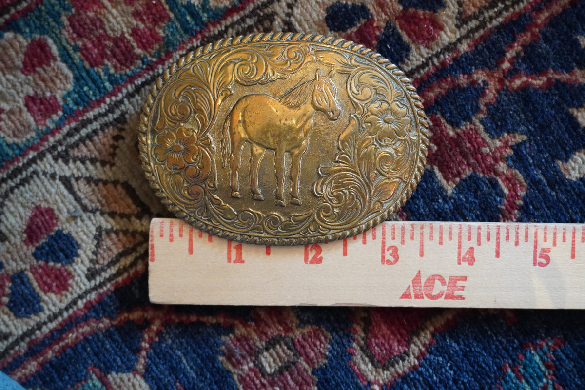 Crumbrine Horse w/Floral Background Belt Buckle