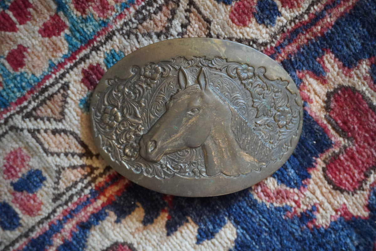 Brass Horse Head Profile w/Floral Frame Belt Buckle