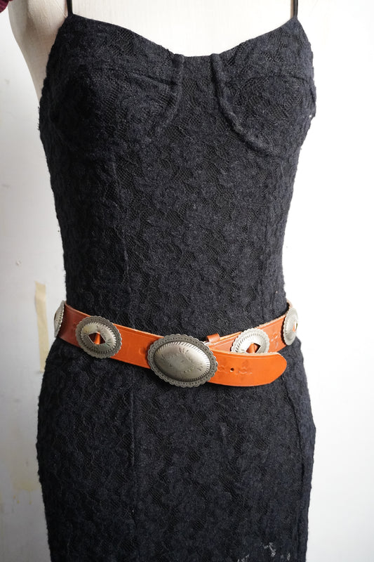 Stamped Pewter Conchos on Belt Strap