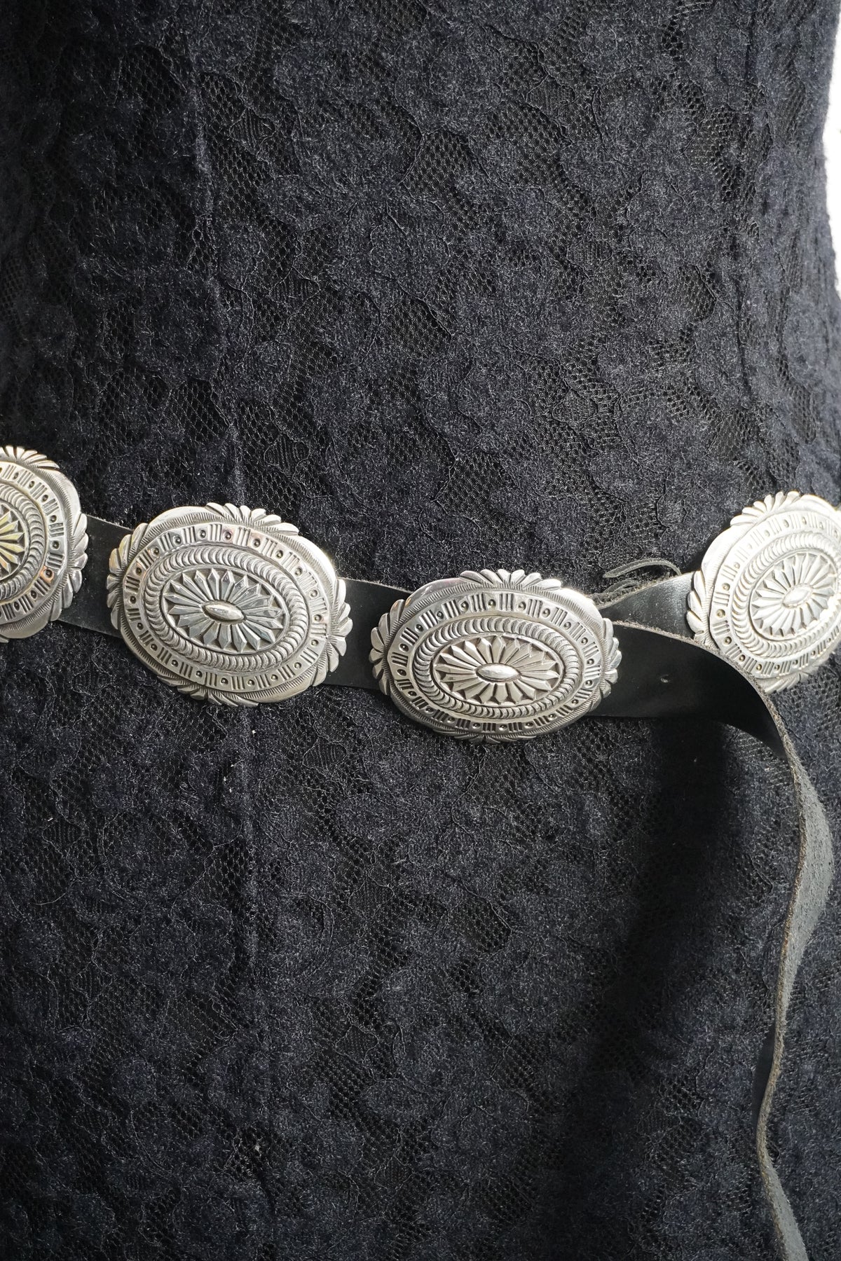 Native Signed Hand Stamped Sterling Silver Concho Belt Black Leather