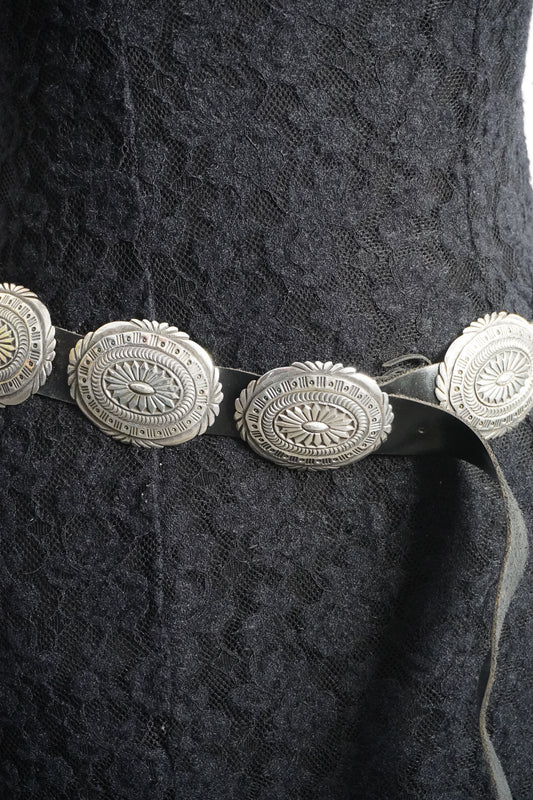 Native Signed Hand Stamped Sterling Silver Concho Belt Black Leather