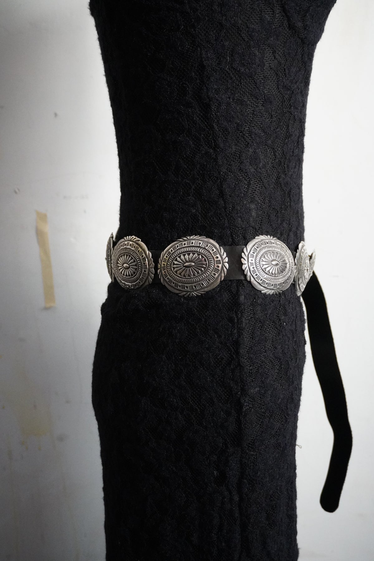 Native Signed Hand Stamped Sterling Silver Concho Belt Black Leather