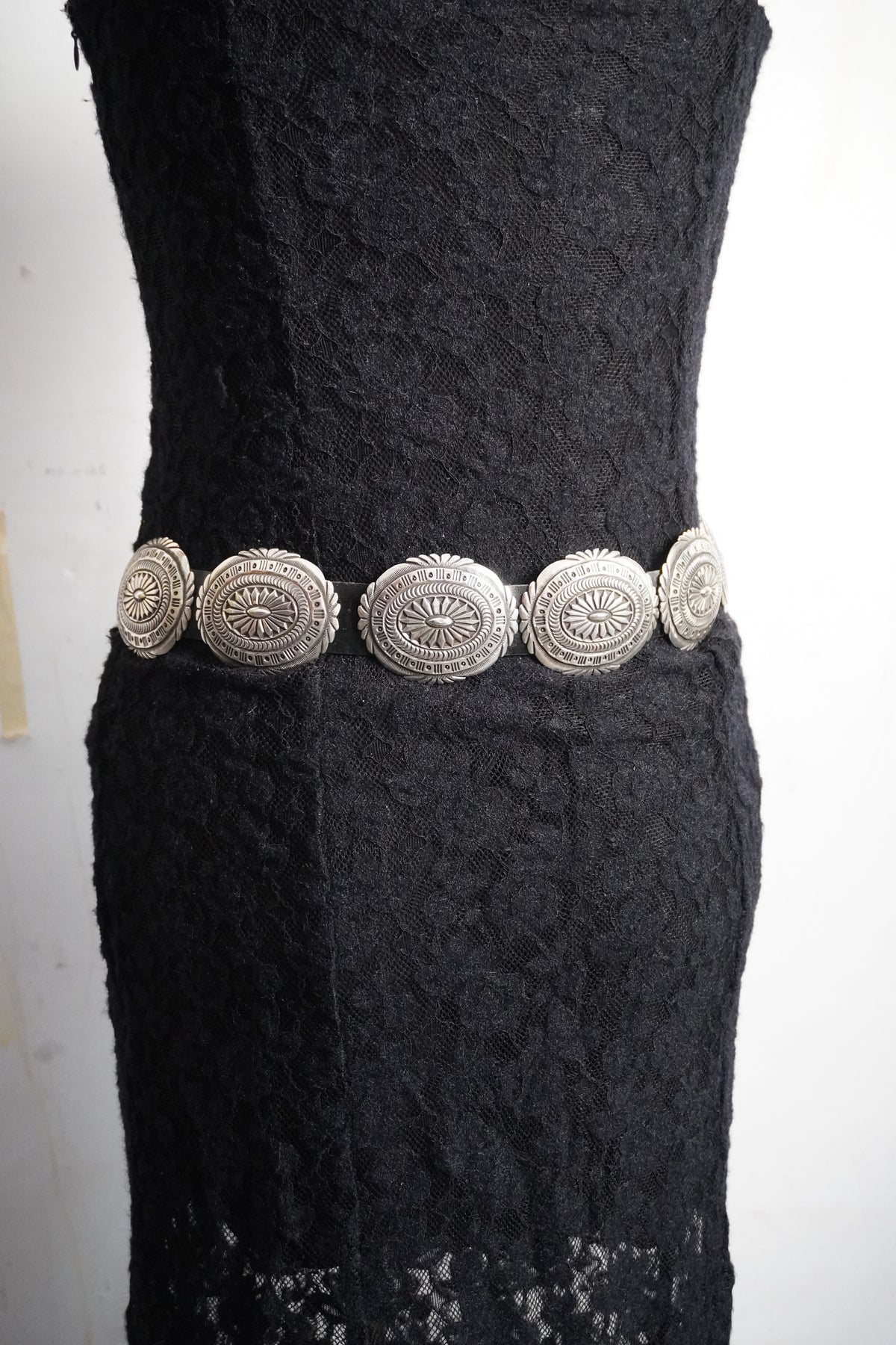 Native Signed Hand Stamped Sterling Silver Concho Belt Black Leather