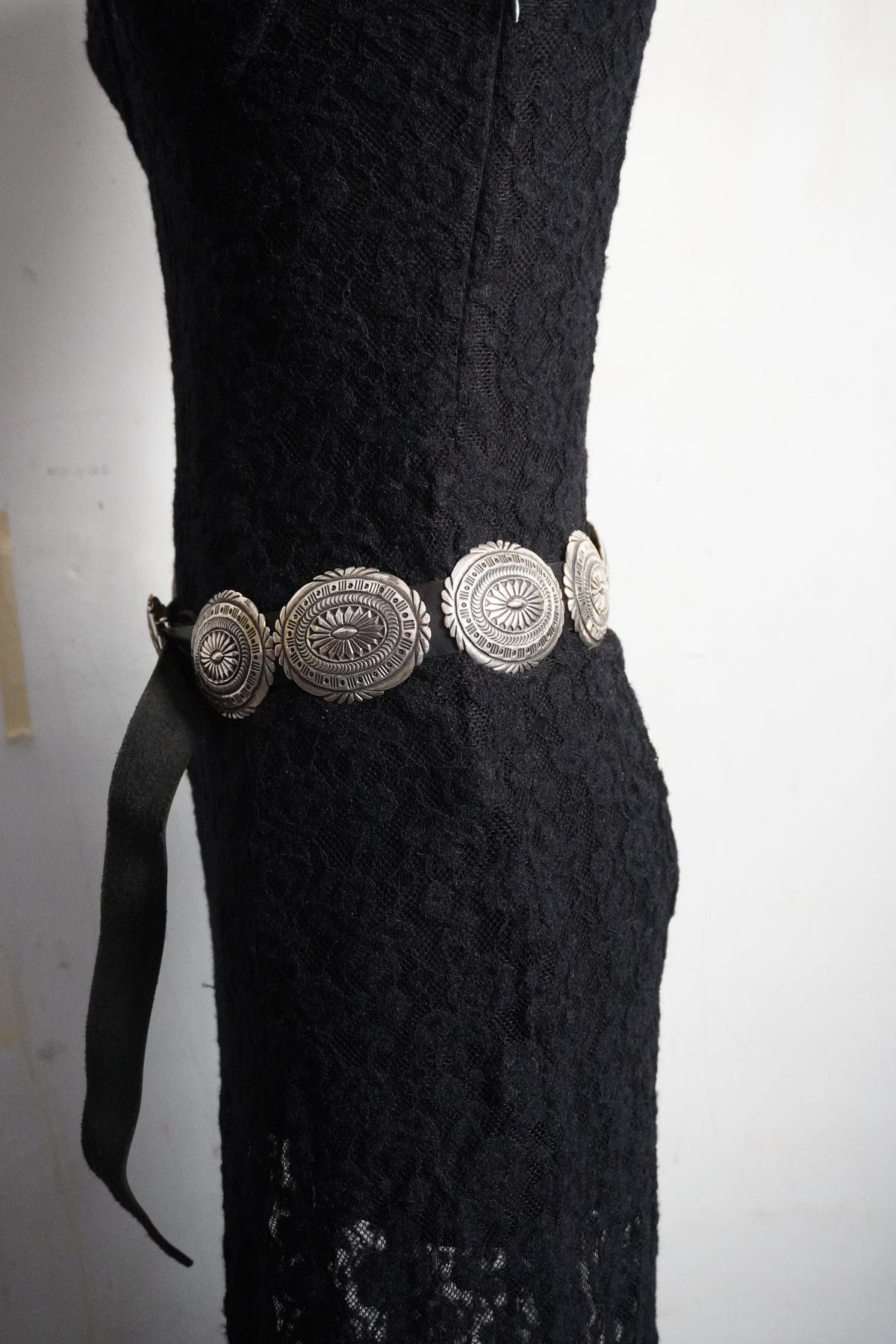 Native Signed Hand Stamped Sterling Silver Concho Belt Black Leather