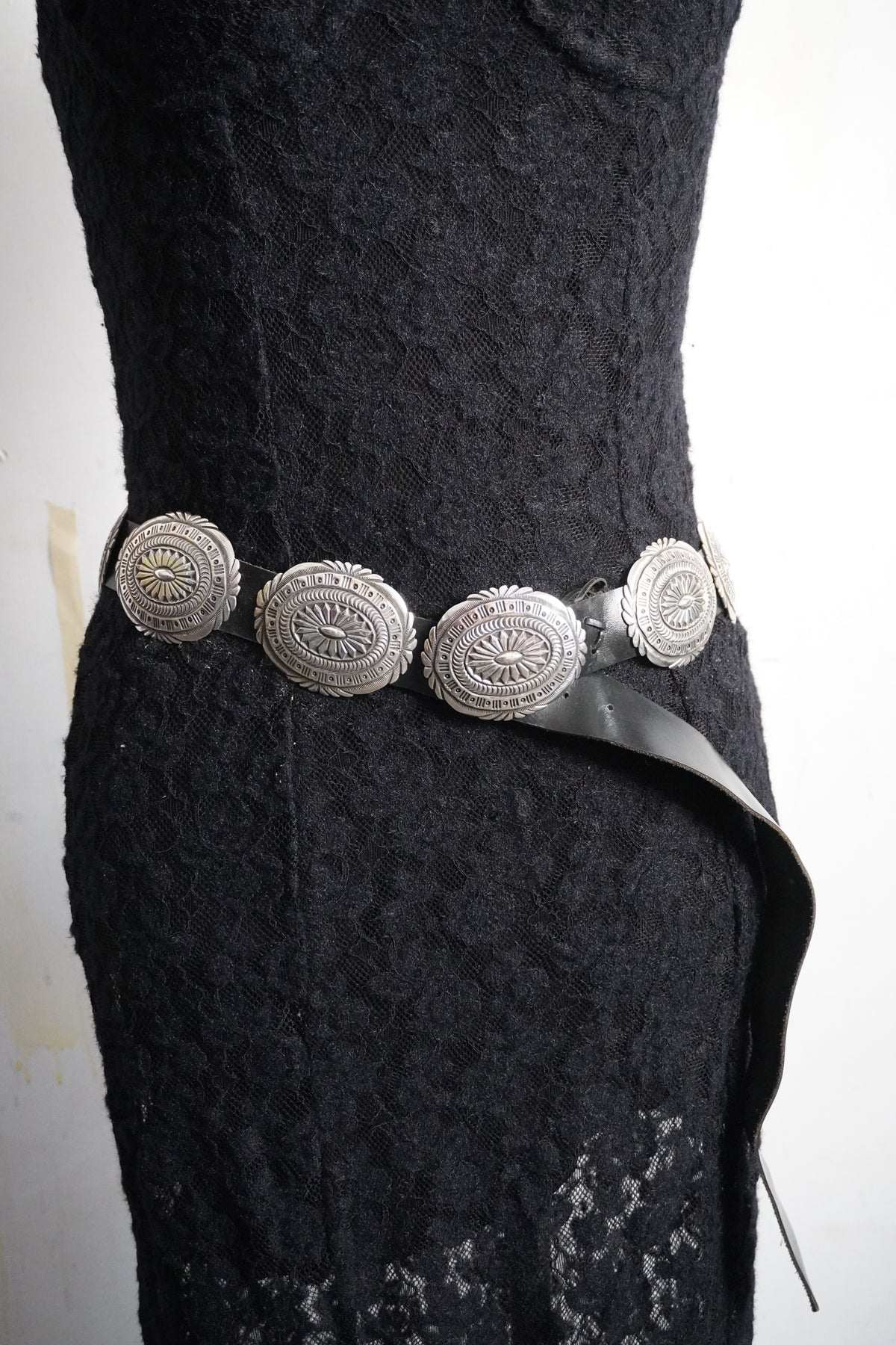 Native Signed Hand Stamped Sterling Silver Concho Belt Black Leather