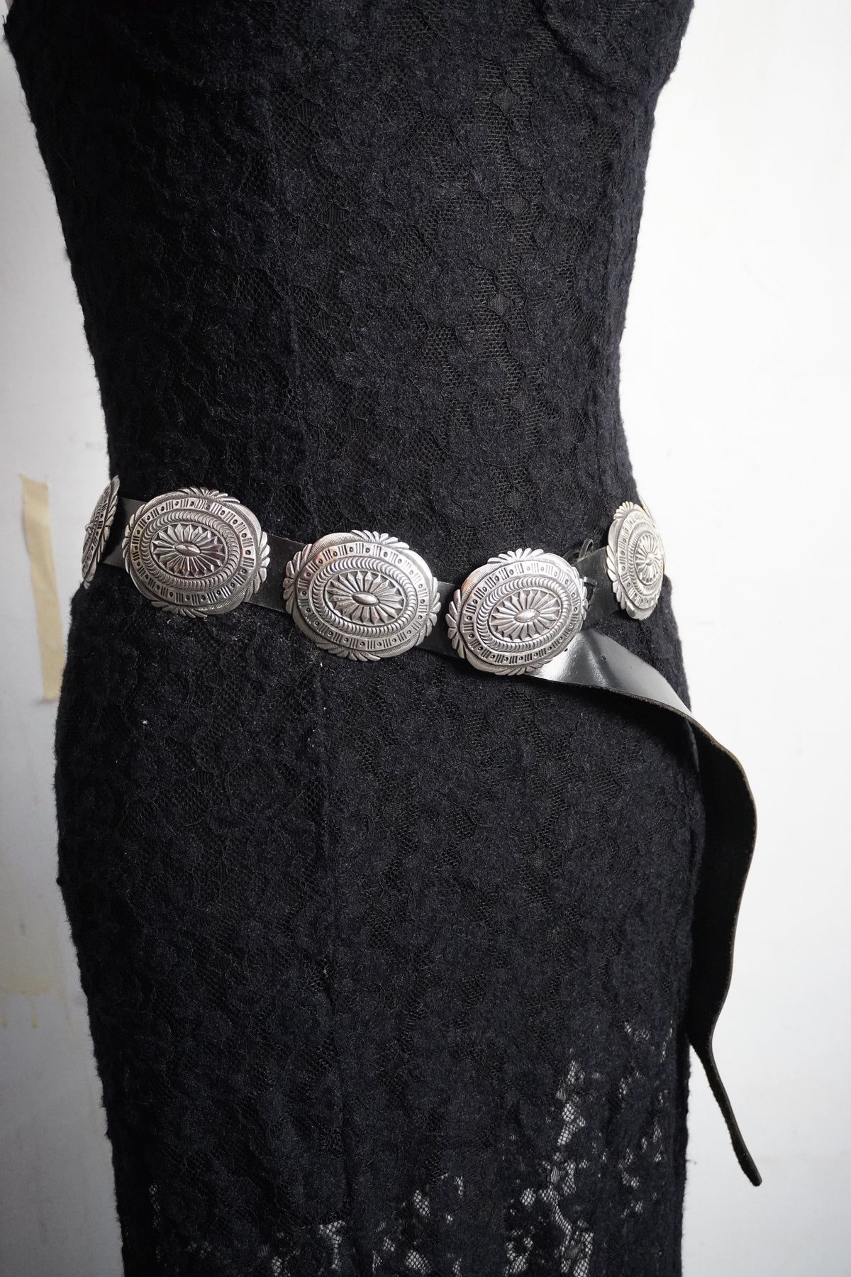 Native Signed Hand Stamped Sterling Silver Concho Belt Black Leather