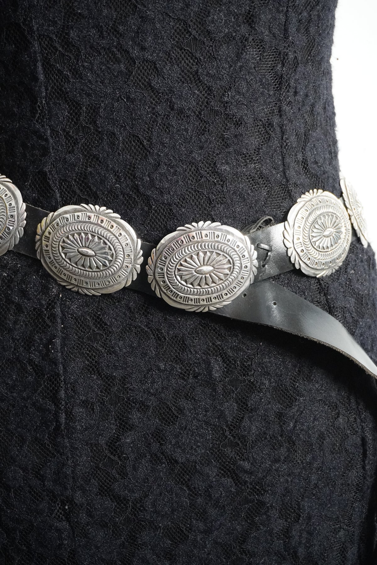 Native Signed Hand Stamped Sterling Silver Concho Belt Black Leather