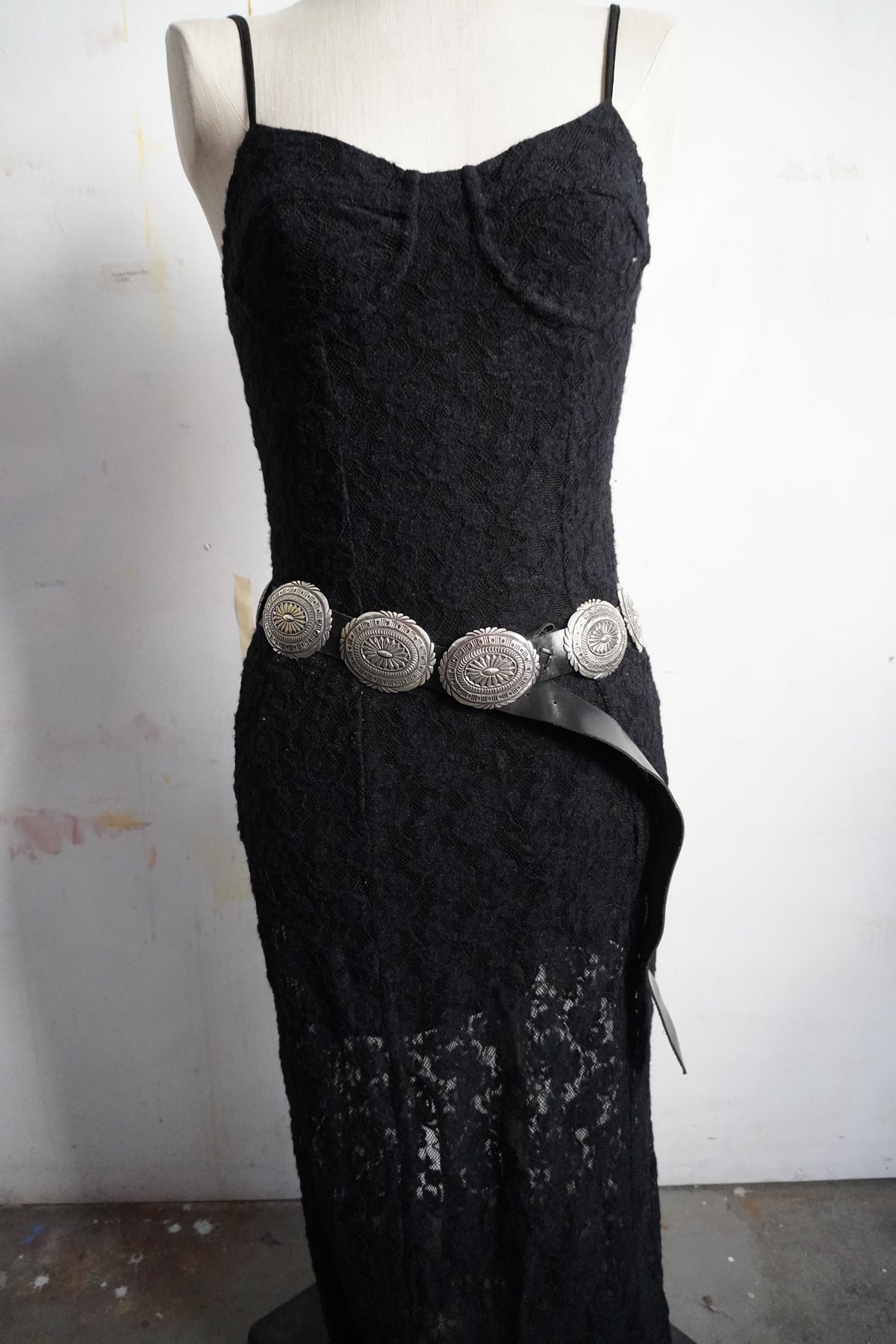 Native Signed Hand Stamped Sterling Silver Concho Belt Black Leather
