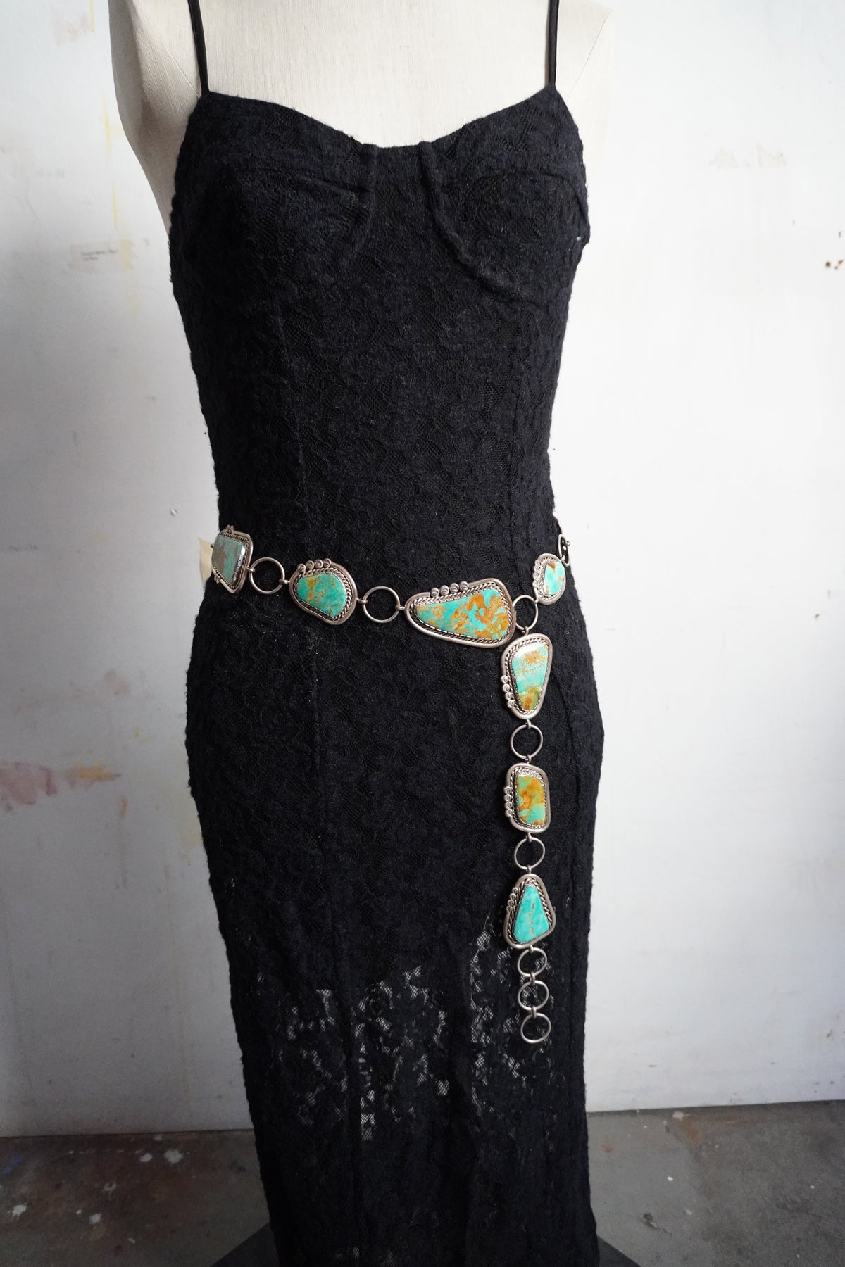 Custom Made Nelson Garcia Turquoise & Sterling Silver Concho Chain Belt