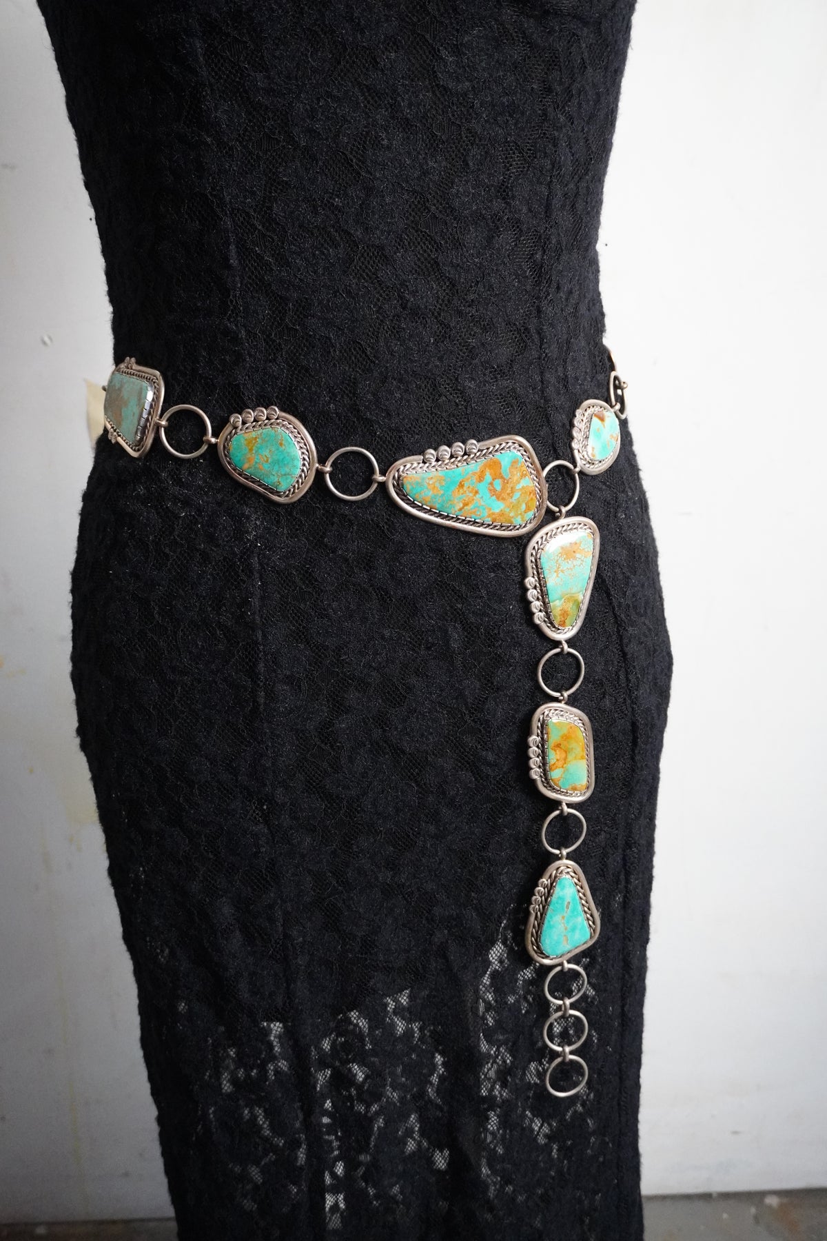 Custom Made Nelson Garcia Turquoise & Sterling Silver Concho Chain Belt