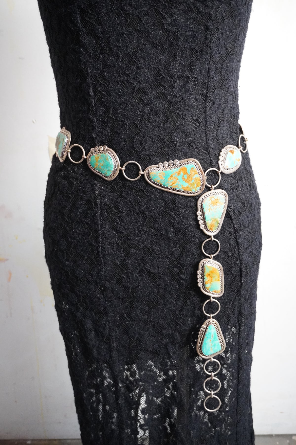 Custom Made Nelson Garcia Turquoise & Sterling Silver Concho Chain Belt