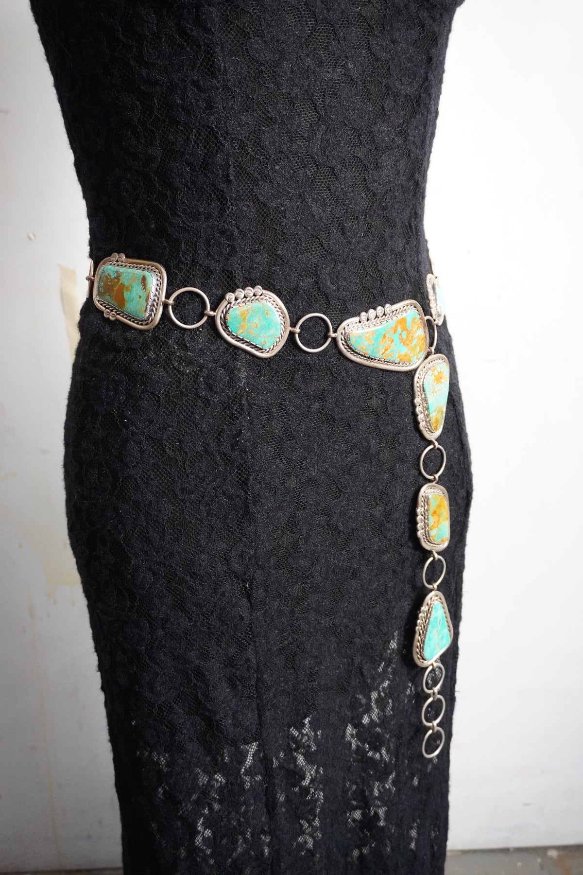 Custom Made Nelson Garcia Turquoise & Sterling Silver Concho Chain Belt