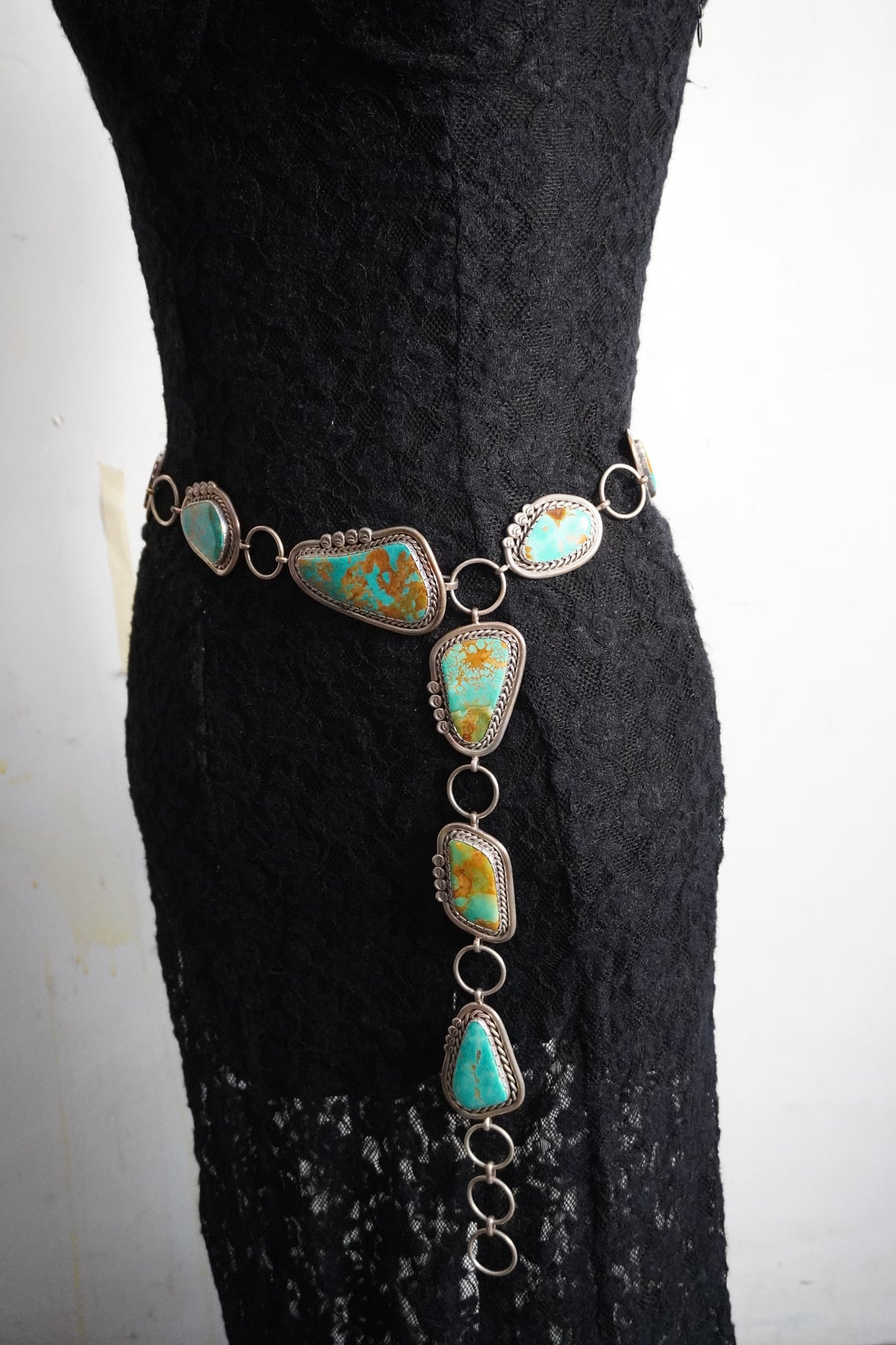 Custom Made Nelson Garcia Turquoise & Sterling Silver Concho Chain Belt