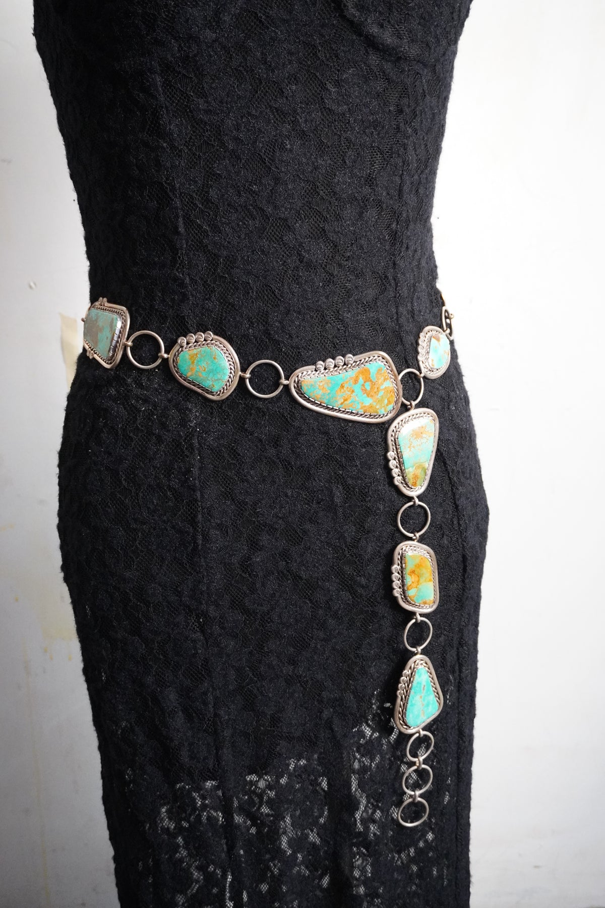 Custom Made Nelson Garcia Turquoise & Sterling Silver Concho Chain Belt