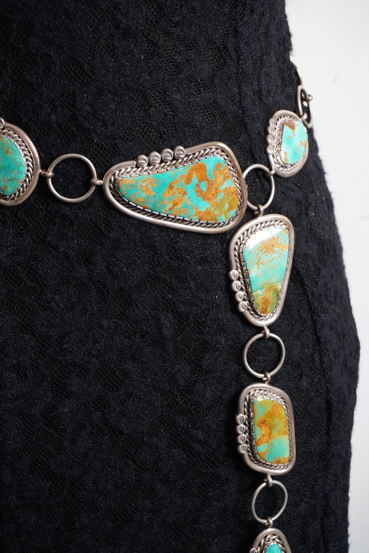 Custom Made Nelson Garcia Turquoise & Sterling Silver Concho Chain Belt