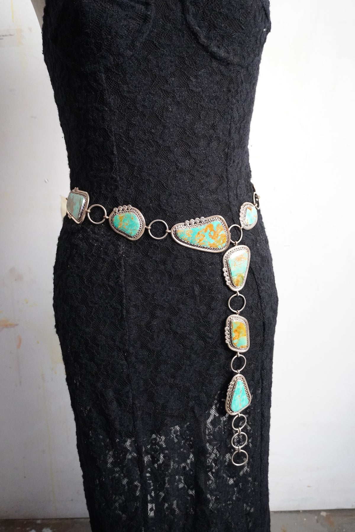 Custom Made Nelson Garcia Turquoise & Sterling Silver Concho Chain Belt