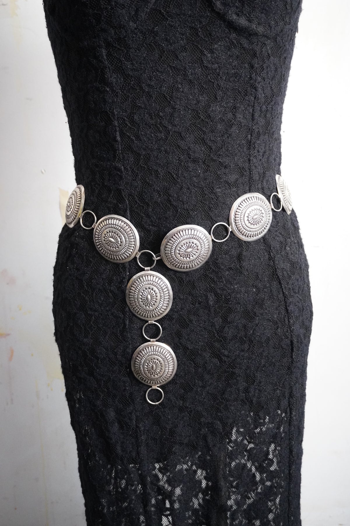 Native Made Hand Stamped Sterling Silver Concho Chain Belt