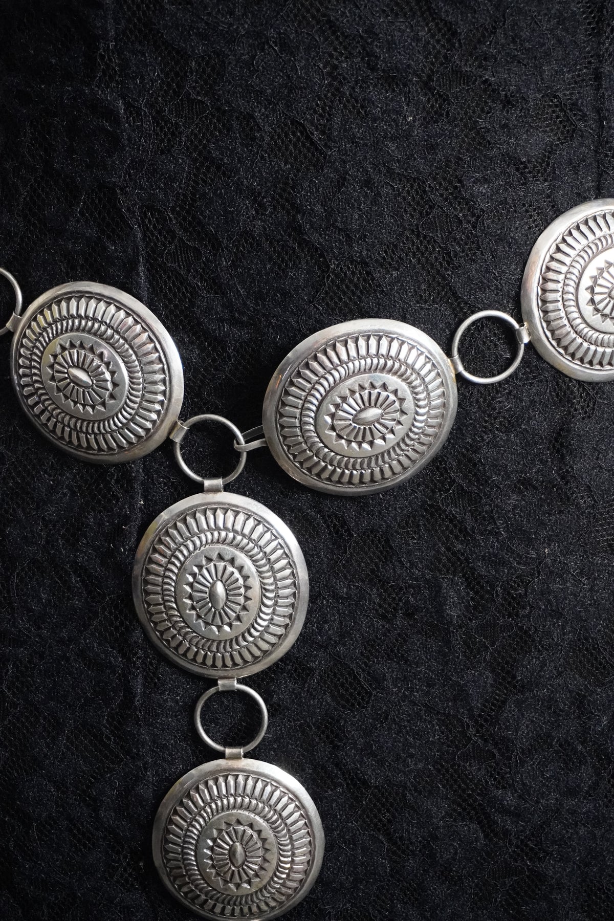 Native Made Hand Stamped Sterling Silver Concho Chain Belt