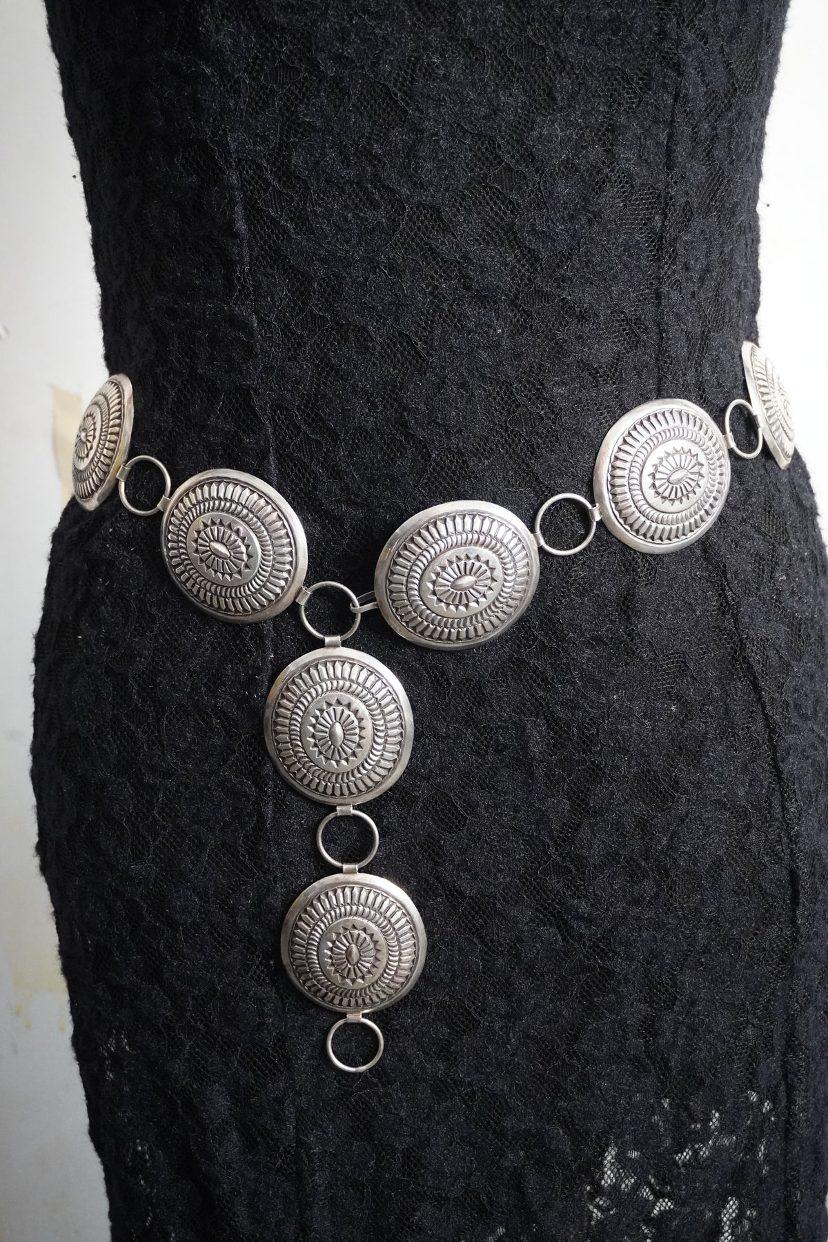 Native Made Hand Stamped Sterling Silver Concho Chain Belt