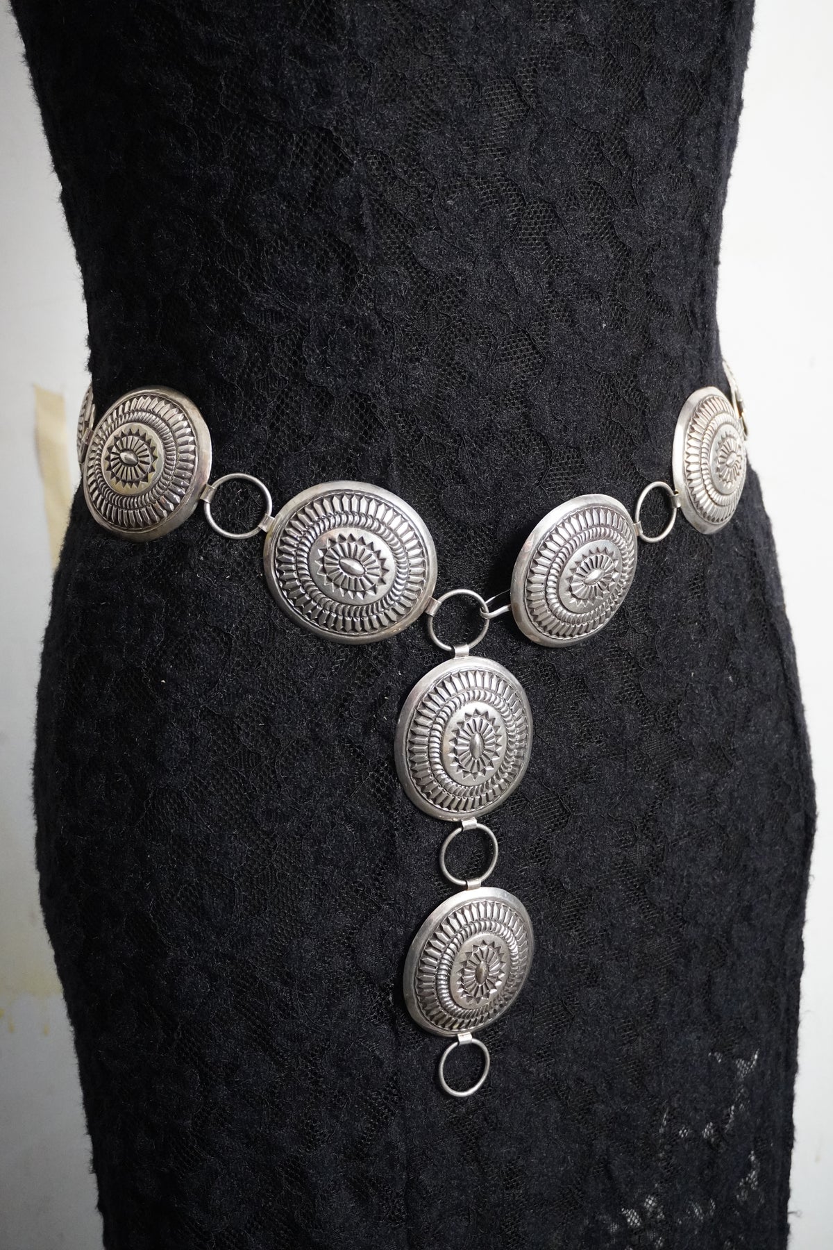 Native Made Hand Stamped Sterling Silver Concho Chain Belt