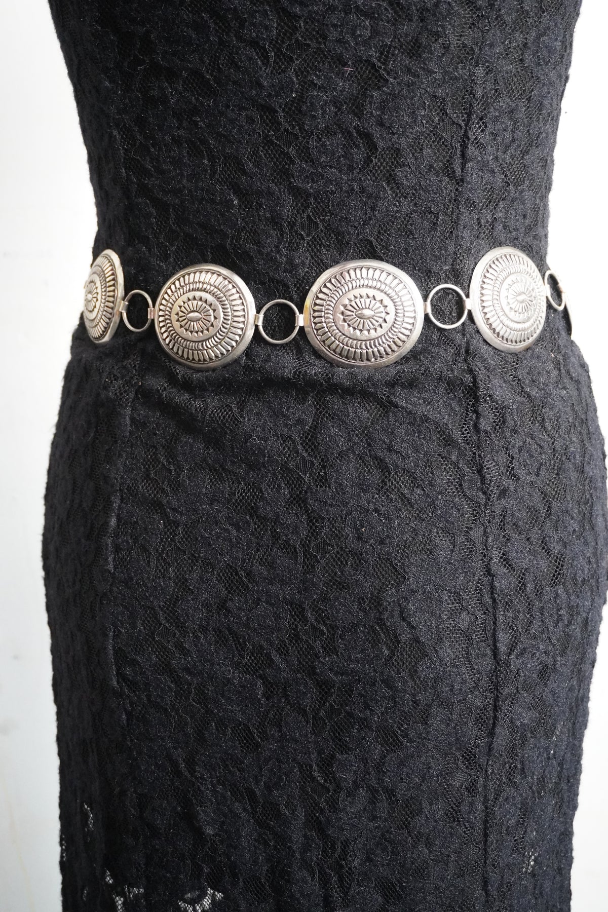 Native Made Hand Stamped Sterling Silver Concho Chain Belt