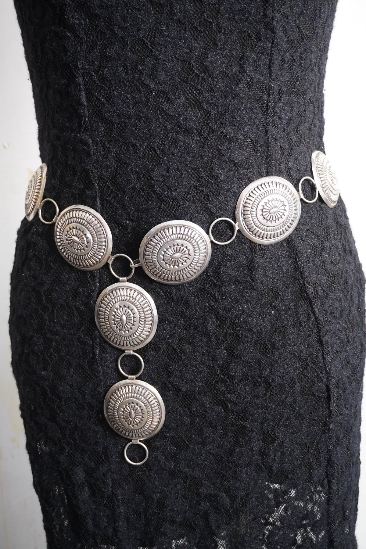 Native Made Hand Stamped Sterling Silver Concho Chain Belt