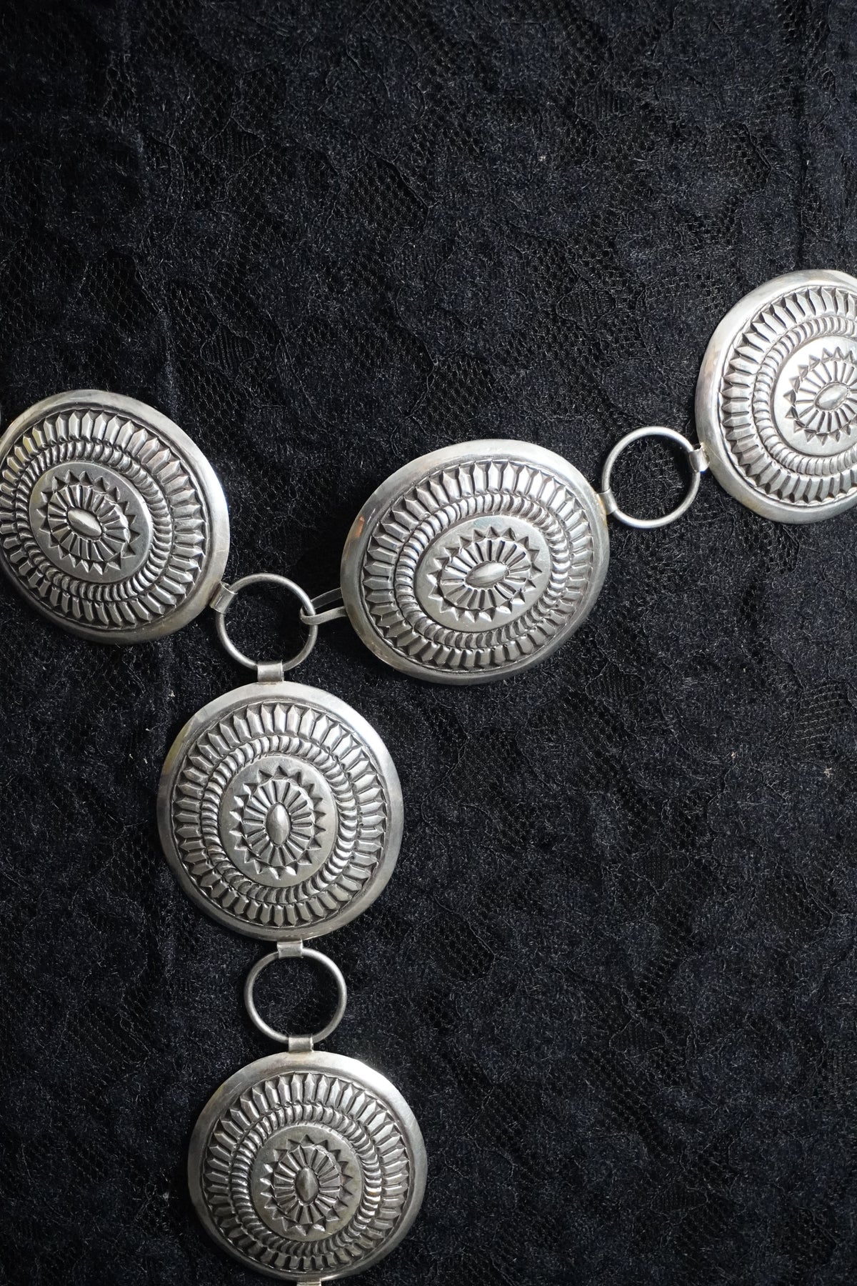 Native Made Hand Stamped Sterling Silver Concho Chain Belt
