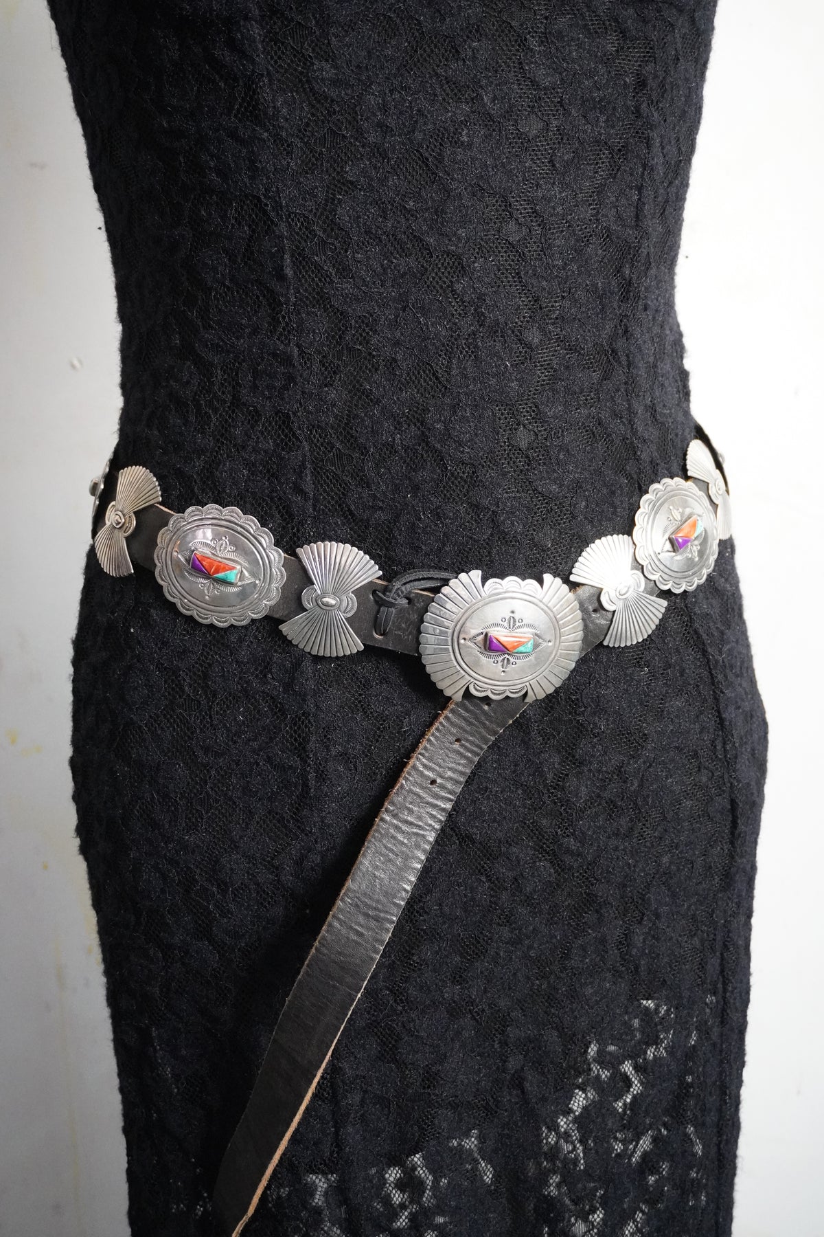 Native Made Natural Stone Trio Hand Stamped Sterling Silver Bow & Concho Belt