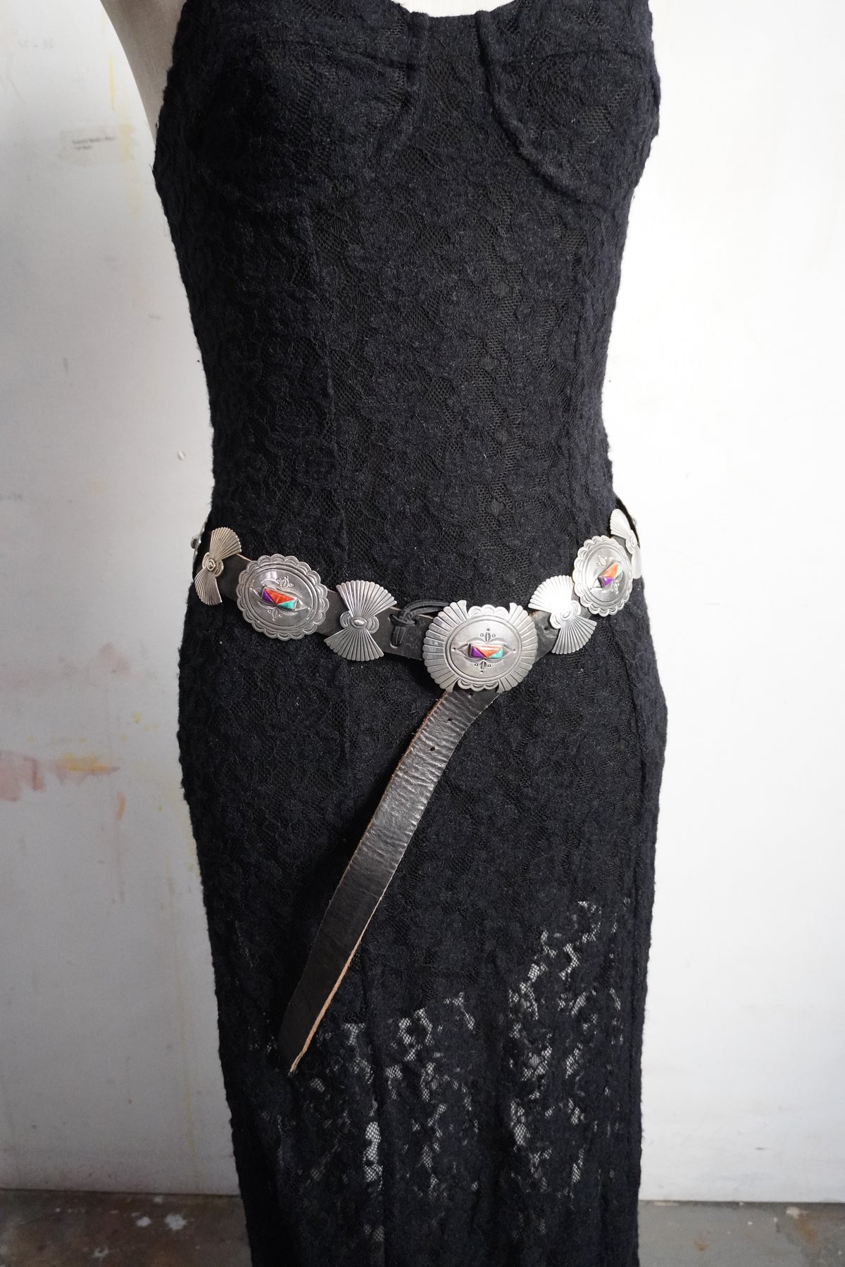 Native Made Natural Stone Trio Hand Stamped Sterling Silver Bow & Concho Belt