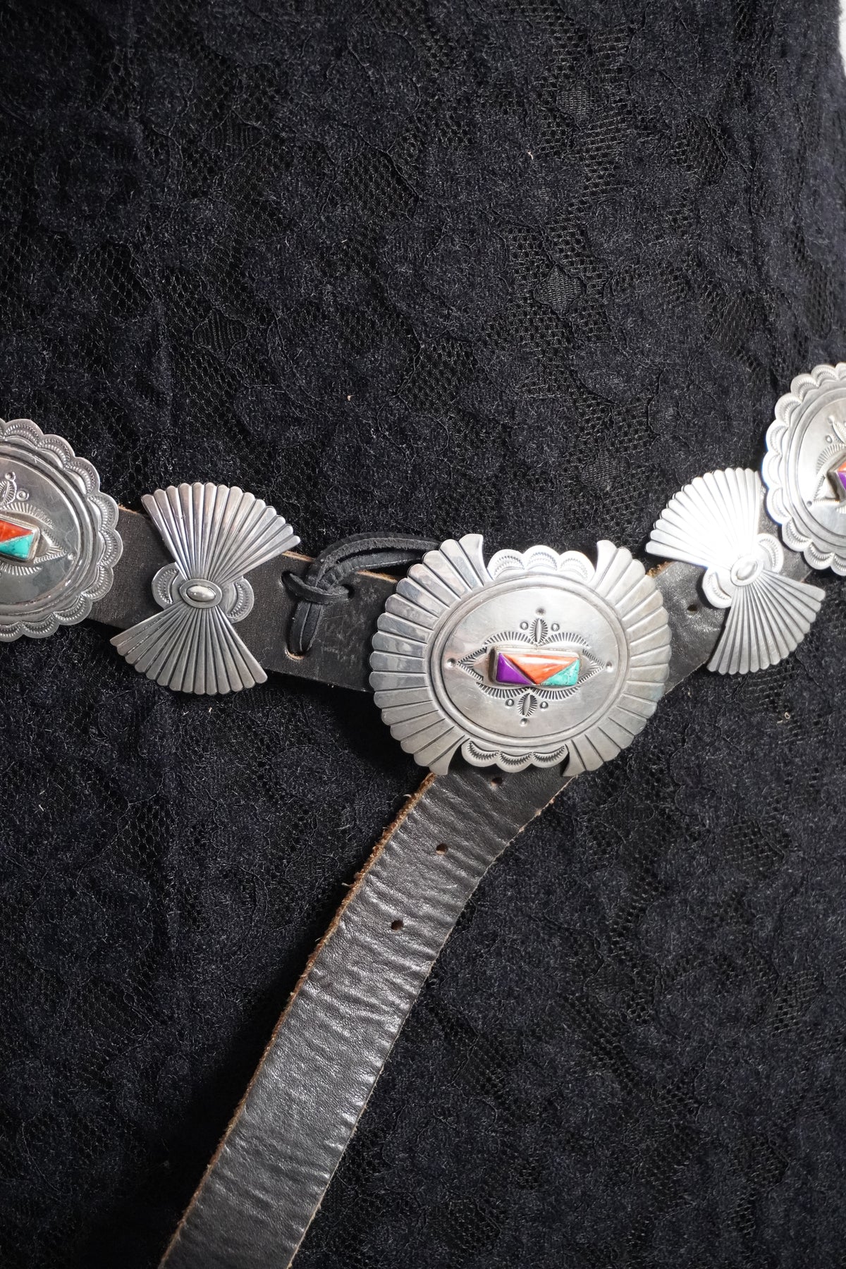 Native Made Natural Stone Trio Hand Stamped Sterling Silver Bow & Concho Belt