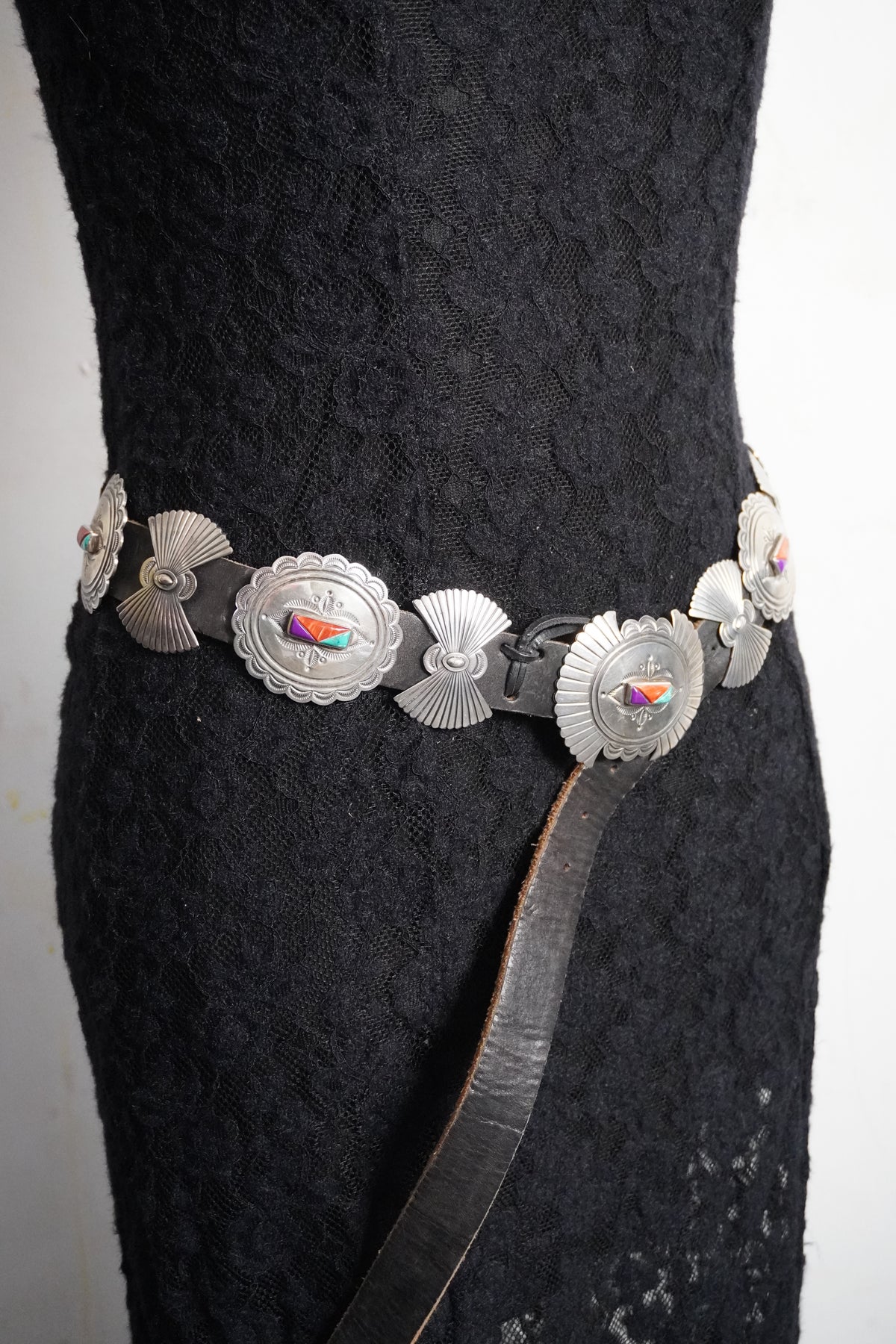 Native Made Natural Stone Trio Hand Stamped Sterling Silver Bow & Concho Belt