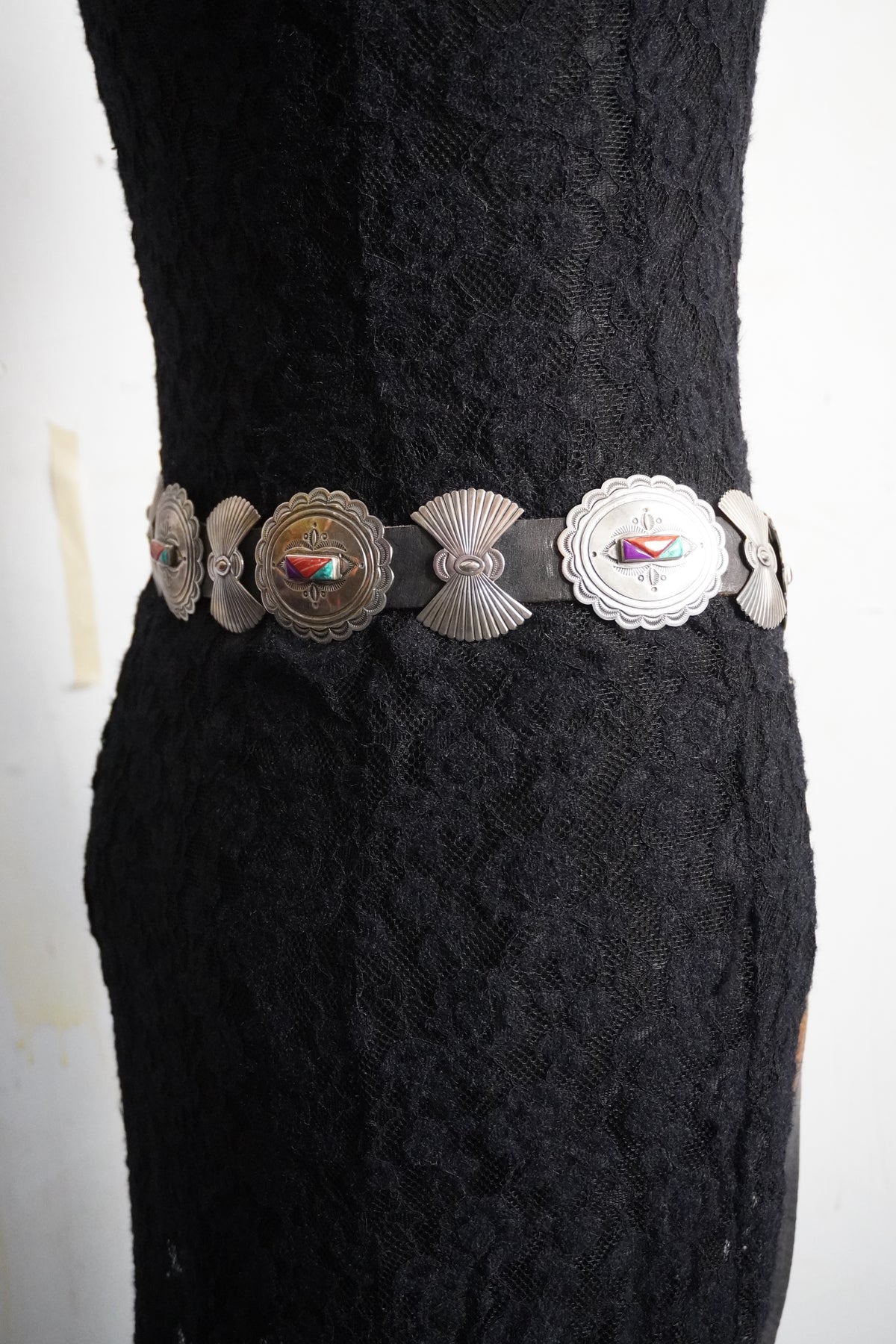 Native Made Natural Stone Trio Hand Stamped Sterling Silver Bow & Concho Belt