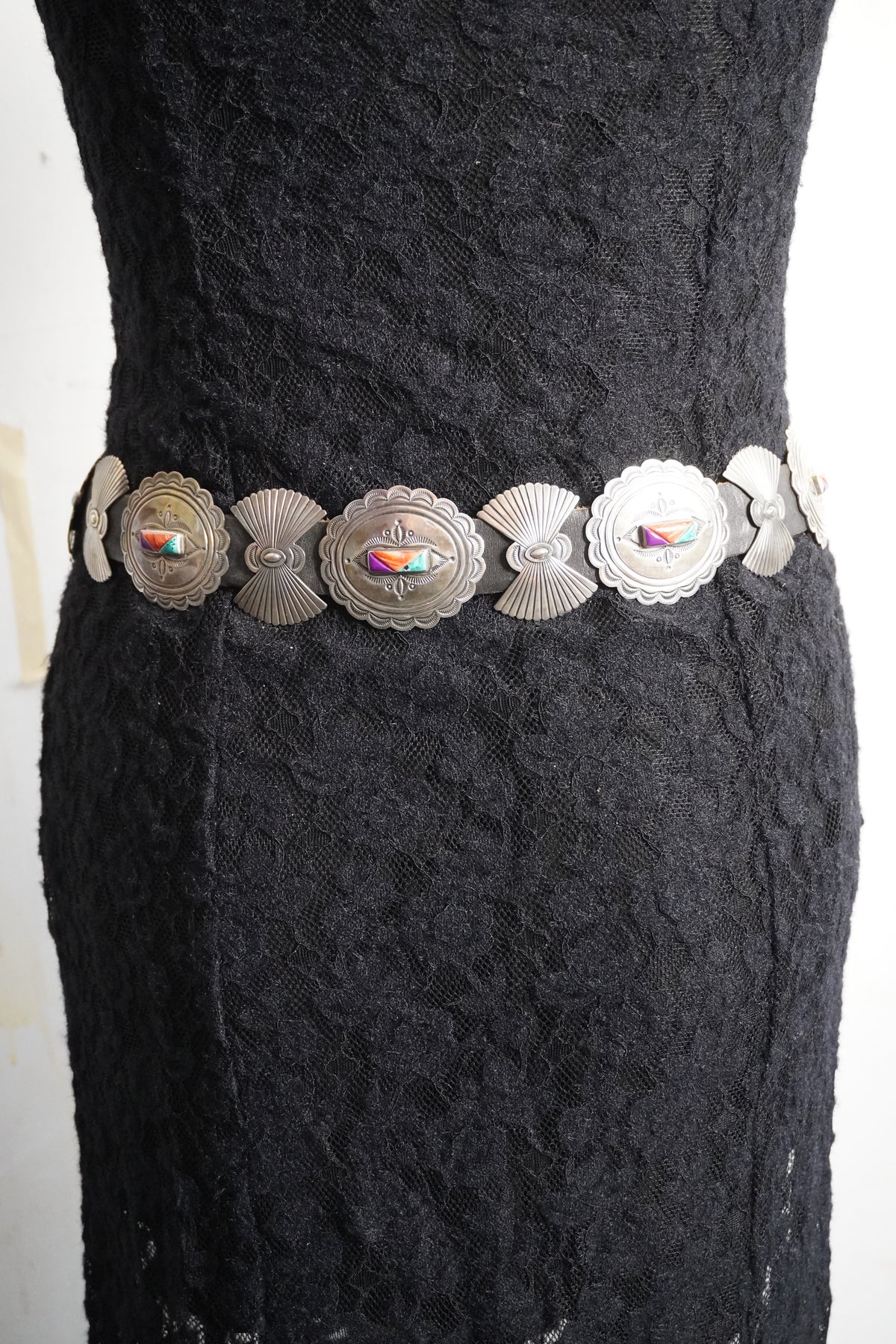 Native Made Natural Stone Trio Hand Stamped Sterling Silver Bow & Concho Belt